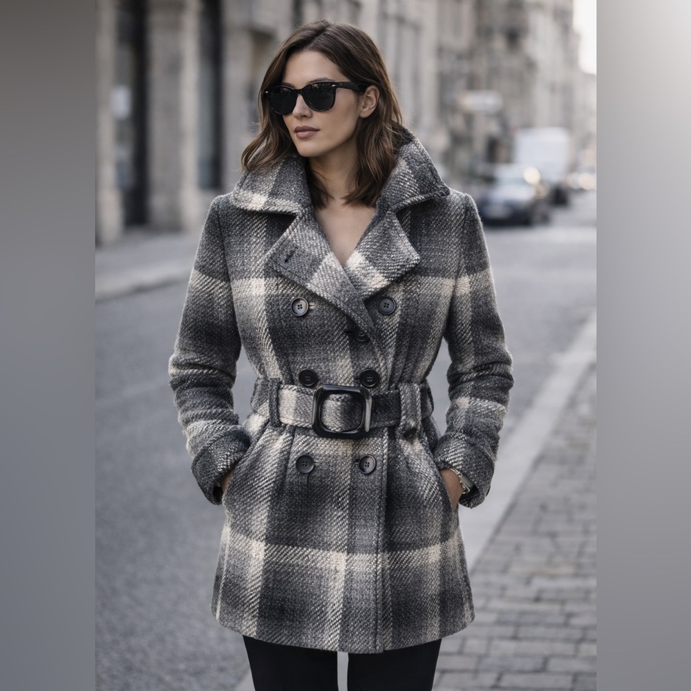 Nitrogen Plaid Belted Wool Blend Peacoat | Women’s M | Double Breasted Coat